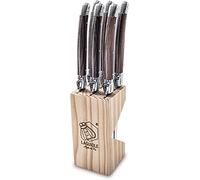 Laguiole Style de Vie - Juego de 6 cuchillos de carne premium Line de madera oscura con bloque de almacenamiento de madera, apto para diferentes tipos de carne y pescado