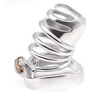 LAHTI Jaula de castidad de acero cerradura Cinturón de castidad de metal para hombre Longitud de la jaula del pene de 56mm con anillo de base de diseño de arco de 45mm