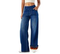 LaiEr Jeans de piernas anchas para mujeres con forro de polar,talle alto,térmicos,gruesos Pantalones de jean casuales de alta elasticidad para deportes y yoga,calientes para el invierno(AzulOscuro,XL)