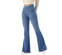 LaiEr Mujer Bootcut Jeans V Crossover Cintura Alta Tirar de Control del Vientre Casual Fitness Pantalones Skinny de Yoga,Tejido Suave de Alta Elástico de Denim,Leggings campanados.(Azul Medio,L)