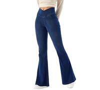 LaiEr Mujer Bootcut Jeans V Crossover Cintura Alta Tirar de Control del Vientre Casual Fitness Pantalones Skinny de Yoga,Tejido Suave de Alta Elástico de Denim,Leggings campanados.(Azul Oscuro,XL)