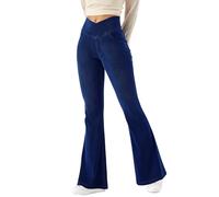 LaiEr Mujer Bootcut Jeans V Crossover Cintura Alta Tirar de Control del Vientre Casual Fitness Pantalones Skinny de Yoga,Tejido Suave de Alta Elástico de Denim,Leggings campanados.(Azul Oscuro,XXL)