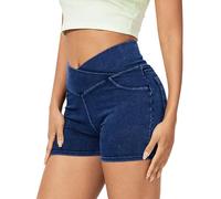 LaiEr Mujer Cruce en Forma de V de Cintura Alta Shorts Vaqueros Control del Vientre Casual Fitness Delgado, para Deporte Gimnasio Yoga Entrenamiento, Combinación de Moda..(Azul Oscuro L)