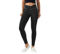 LaiEr V Cruzada de Cintura Mujer Skinny Jeans Alta Barriga Casual Fitness Leggings, Soft Stretch Casual Faux Denim Print Laterales Adecuado para Deportes y Ocio,con Bolsillos.(Negro,XL)