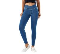 LaiEr V Cruzada de Cintura Mujer Skinny Jeans Alta Barriga Casual Fitness Leggings, Soft Stretch Casual Faux Denim Print Laterales Adecuado para Deportes y Ocio,con Bolsillos.(Azul Medio,L)