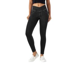 LaiEr V Cruzada de Cintura Mujer Skinny Jeans Alta Barriga Casual Fitness Leggings, Soft Stretch Casual Faux Denim Print Laterales Adecuado para Deportes y Ocio,con Bolsillos.(Negro,S)