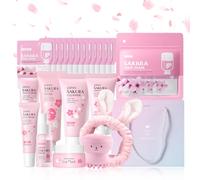 LAIKOU Juego de cuidado de la piel Sakura para chicas adolescentes, kit completo de 34 piezas para el cuidado facial, juego de regalo de mimos de Navidad para mujeres y chicas adolescentes, rutina