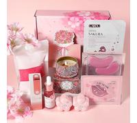 LAIKOU Sakura Set de Regalo Mujer spa Relax, 8 piezas Cuidado Personal para Mujer Regalo, Suero, Máscaras, Vela Perfumada, Sales de Baño y Bomba, Regalos para Cumpleaños Navidad San Valentin