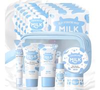 LAIKOU Set de Cuidado Facial Leche, 8 Piezas Skincare Kit Pack Regalo Mujer, con Limpiador, Exfoliante, Protector Solar, Contorno Ojos, Mascarilla de Arcilla, Sérum, Crema, Mascarilla Hidratante