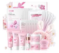 LAIKOU Set de Cuidado Facial Sakura,11 Piezas Skincare Kit Pack Regalo Mujer para Rutina Facial, con Limpiador Tónico Sérum Crema Mascarilla Hidratante Cinta Cabello Cepillo de Limpieza Face