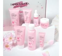 LAIKOU Set de Cuidado Facial Sakura, 7 piezas Set de Protección Solar, kit de Limpieza Facial Mujer, con Leche Limpiadora Tónico Serum Crema Ojos Mascarilla de Barro Protector Solar SPF 50