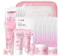 LAIKOU Set de Cuidado Facial Sakura, 8 Piezas Skincare Kit Pack Regalo Mujer, con Limpiador, Peeling Gel, Mascarilla Facial, Toner Pads, Sérum, Crema Hidratante - Para una Piel Sana y Nutrida