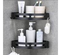 Laimew Estantes de esquina de baño Esquina de carrito de ducha con ganchos Sin taladrar Estante de baño de Alunimun Organizador de almacenamiento de cocina (Negro)