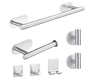 Laimew Juego de Toallero de Baño, 7 PCS sin Taladro, Accesorios Acero Inoxidable, Contiene Toallero Adhesivo, Portarrollos para Papel, Gancho para Toallas, Gancho Pared