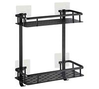 Laimew no perfora el estante del baño, estante de ducha pegajoso de aluminio de la grieta de 2 niveles con el gancho colgante para el champú (Cuadrado nergo)