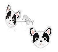 Laimons Pendientes para niña con diseño de perro Bulldog Pug, color blanco y negro, plata de ley 925 de 9 mm, Plata