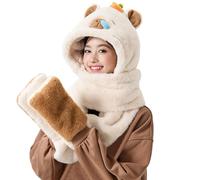 LAIOUSN Juego de gorro de capibaras con bufanda y guantes de dibujos animados, gorro grueso y peludo de gran tamaño para viajes de invierno, caqui, Talla única