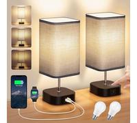 LaiTeny Lámpara de noche con pantalla táctil con puertos USB C + A para carga, 3 vías regulable, lámpara de mesa moderna, gris pantalla de tela (2 Piezas, Pantalla de Gris)