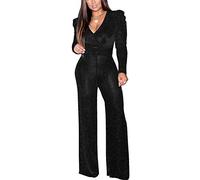 LaiyiVic - Mono elegante para mujer, sexy, con mangas largas, cuello en V, pierna ancha, con cinturón - Negro - X-Large