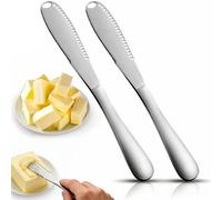 LAIYORA Paquete de 2 cuchillos de mantequilla de acero inoxidable, esparcidor de mantequilla fría 3 en 1 con agujeros, cuchillo de queso y rizador de borde serrado, utensilios de cocina