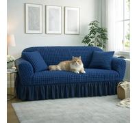 LAJUYUW Fundas De Sofá De Poliéster Bubble Seersucker Elásticas Cobertura 360 Protectores Antideslizantes Lavables A Máquina para 1 2 3 4 Plazas Y Sofá En L(Size:2Seater(145-185cm),Color:Azul Griego)