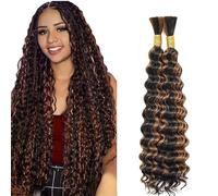 Lakaisa Deep Wave Bulk Human Braiding Hair Cabello Humano Extensions Natural Total 100g 2 Bundles 28 28 Pulgadas Human Hair Extension Unprocessed No Weft P430 Highlight Brown for Women