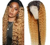 Lakaisa Peluca de pelo humano rizado ondulado para mujer, peluca de pelo humano 13 x 1, peluca frontal degradada rubia 1b/27 pre plucked sin procesar, pelo Remy cabello humano de baja pérdida mínima