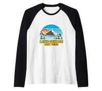 Lake George New York Retro Geométrico Montaña Pinos Árbol Camiseta Manga Raglan