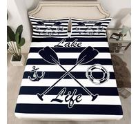 Lake Life - Sábanas bajeras de tamaño doble, diseño de ancla náutica a rayas azul marino para niños, adolescentes y adultos, decoración de habitación, juego de ropa de cama de estilo moderno, sábana