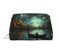Lake Under The Stars - Bolsa de cosméticos de piel, impermeable, bonita bolsa de aseo de viaje con cremallera, juego de bolsas de almacenamiento de cosméticos para mujer, color marrón, White, Talla