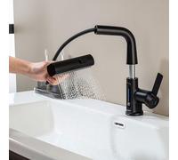 LakeBayMZC Grifo de baño con LED de temperatura,con ducha extraíble de 3 modos,mezclador lavabo extraíble,grifos monomando baño,regulable en altura,negro