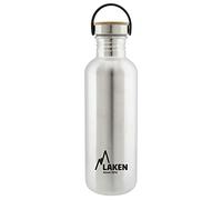 LAKEN Botella Agua Acero Inoxidable con Tapón Bamboo y Boca Ancha, (1L - Acero) - Reutilizable, Ideal para Montaña, Camping, Deportes y más