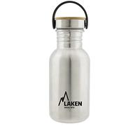 LAKEN Botella Agua Acero Inoxidable con Tapón Bamboo y Boca Ancha, (0,50L - Acero) - Reutilizable, Ideal para Montaña, Camping, Deportes y más