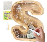 Lakpopya Hucha de Madera Grande para Infantil Adultos Hucha Cerdito Personalizada de A-Z con Zona de Destino Hucha Billetes Transparente para Regalo Decoración Bautizo (S)