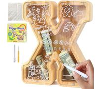 Lakpopya Hucha de Madera Grande para Infantil Adultos Hucha Cerdito Personalizada de A-Z con Zona de Destino Hucha Billetes Transparente para Regalo Decoración Bautizo (X)