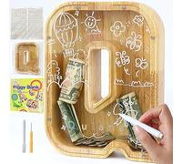Lakpopya Hucha de Madera Grande para Infantil Adultos Hucha Cerdito Personalizada de A-Z con Zona de Destino Hucha Billetes Transparente para Regalo Decoración Bautizo (Q)