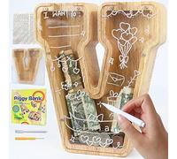 Lakpopya Hucha de Madera Grande para Infantil y Adultos - Cerdito Personalizado de A-Z Con Zona de Destino - Transparente para Billetes - Regalo Decoración Bautizo (V)