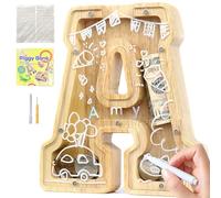 Lakpopya Hucha de madera transparente personalizada para niños - bautizo y regalo, letras A-Z, área de destino y pegatinas