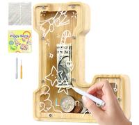 Lakpopya Hucha de madera transparente personalizada para niños - Niños y niñas, bautizo y regalo, letras A-Z, área de destino y pegatinas y marcadores (L)