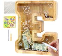 Lakpopya Hucha para niños, niños, niñas, personalizable, transparente, con letra de madera A-Z, área de destino, pegatinas y marcadores, decoración de regalo de bautizo (E)