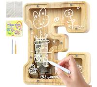 Lakpopya Hucha personalizable, transparente con letra de madera A-Z, área de destino, pegatinas y marcadores - decoración de regalo de bautizo (E)