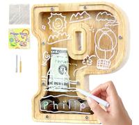 Lakpopya Huchas Originales para Niños Hucha Infantil Niña Niño de Alfabeto A-Z Hucha Personalizada Hucha de Madera Transparente con Pegatinas & Rotulador & Destornillador, Regalo para Infanti (P)