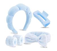 LAKPYN 5 Piezas Diademas para el pelo, cintas de muñeca, pinza para el cabello y coletero, para el cuidado de la piel, para mujeres, belleza, deportes, ducha, eliminación de maquillaje (azul claro)