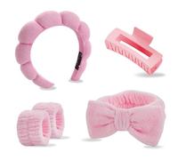 LAKPYN 5 Piezas Diademas para el pelo, cintas de muñeca, pinza para el cabello y coletero, para el cuidado de la piel, para mujeres, belleza, yoga, deportes, ducha, eliminación de maquillaje (rosa)