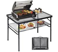 LALA IKAI Mesa plegable para parrilla de 3 x 2 pies, altura ajustable, diseño de malla de hierro de 2 niveles, portátil para barbacoa al aire libre, cocina, camping, patio