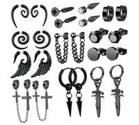 LALADEFIEE 12 pares Pendientes Negros para Hombre Acero Inoxidable Aros Pequeños y Colgantes Minimalistas de Moda Joyería Masculina Resistente y Elegante para Uso Diario y Eventos