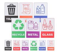 LALADEFIEE 18 hojas de calcomanías de reciclaje para botes de basura, señales de reciclaje autoadhesivas de PVC impermeables para vidrio, plástico, metal, papel, oficina, uso doméstico.