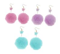 LALADEFIEE 3 pares Pendientes Largos Pom Pom para Mujer de Aretes Colgantes con Bolas de Peluche Azul Rosa y Púrpura Accesorios Cómodos y Modernos para Fiesta y Uso Diario