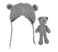 LALADEFIEE Gorro para Bebés Recién Nacidos de Punto Gris con Osito de Peluche Gorro Cálido y Transpirable para Invierno y Otoño Ajuste Elástico Seguro Niñas Conjunto de Fotografía para