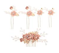 LALADEFIEE Horquillas Chinas para Bodas 5 Piezas Rosa Flores y Hojas Accesorios Cabello de Novia Hechos a Mano Perlas Ideales para Peinados Recogidos y Eventos Nupciales